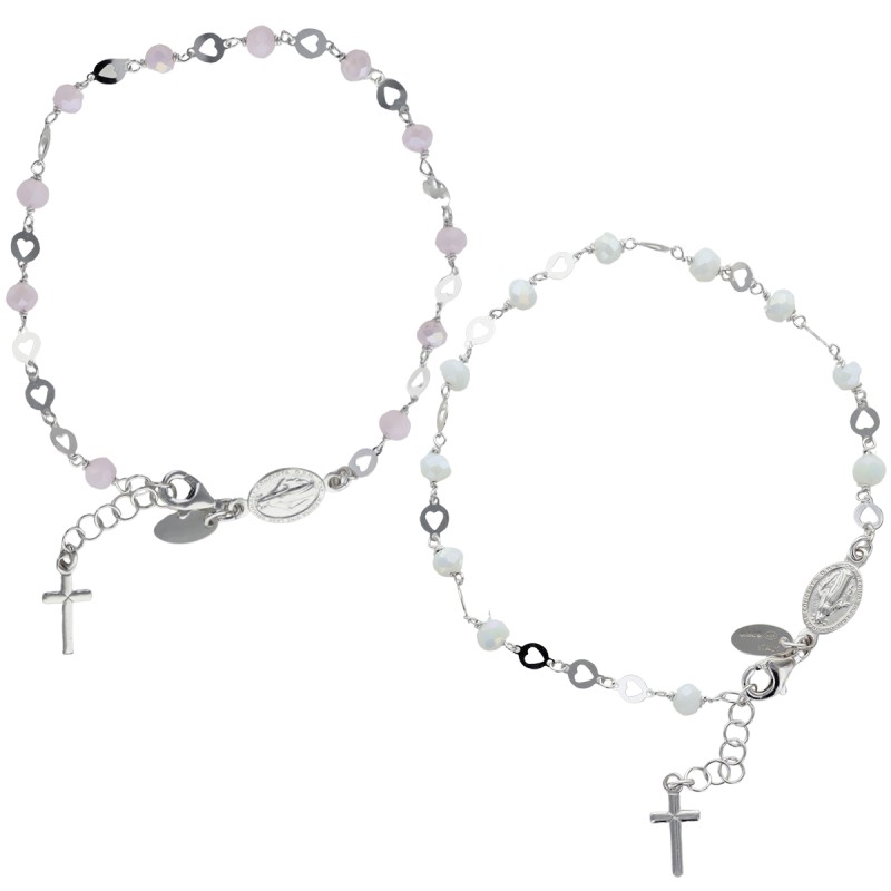 Bracelet argent 925 °/°° ajustable sur chaine, grains facettes Ø 3 mm (3 g), avec medaille VM & croix + boîte. 2 teintes dispos.
